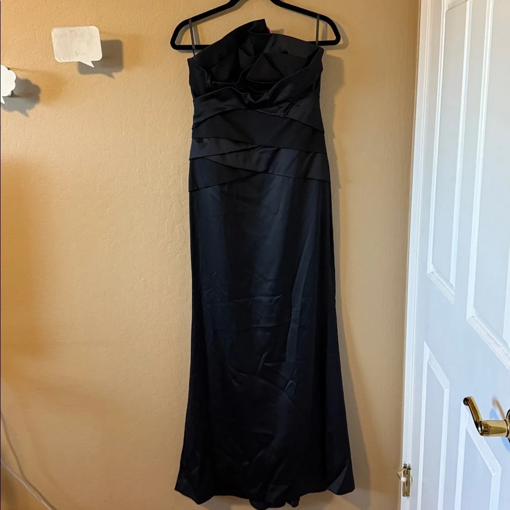 Coast Women’s Black Satin Strapless Evening Long Dress Front Modern Ruffles 8